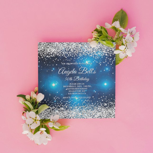 Faux Sparkly Silver Glitter Celestial Blue Invitation (Create your own milestone birthday invitation for her.)