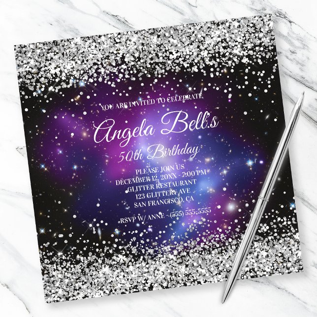 Faux Sparkly Silver Glitter Celestial Purple Invitation (Creator Uploaded)