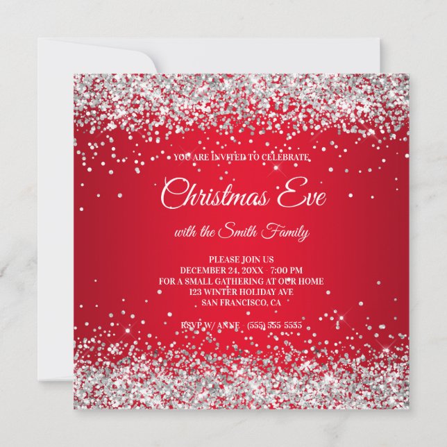 Faux Sparkly Silver Glitter Christmas Red Invitation (Back)