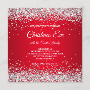 Faux Sparkly Silver Glitter Christmas Red Invitation