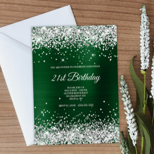 Faux Sparkly Silver Glitter Dark Green Foil Invitation