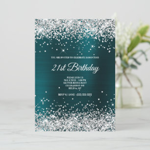 Faux Sparkly Silver Glitter Dark Turquoise Foil Invitation