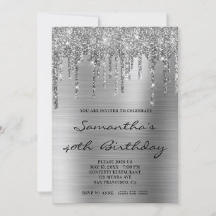 Faux Sparkly Silver Glitter Drips Foil Birthday Invitation