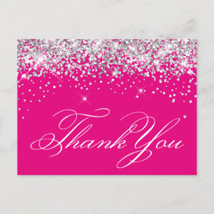 Faux Sparkly Silver Glitter Hot Pink Thank You Postcard
