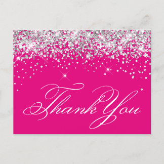 Faux Sparkly Silver Glitter Hot Pink Thank You Postcard