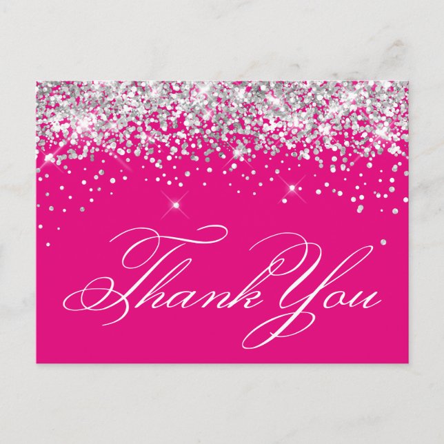 Faux Sparkly Silver Glitter Hot Pink Thank You Postcard (Front)