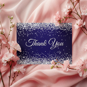 Faux Sparkly Silver Glitter Navy Blue Thank You Postcard