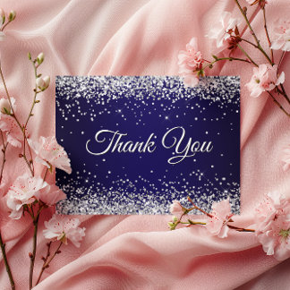 Faux Sparkly Silver Glitter Navy Blue Thank You Postcard