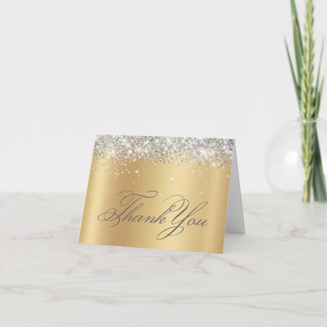 Faux Sparkly Silver Glitter Pale Gold Foil Thank You Card (Front)