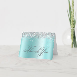 Faux Sparkly Silver Glitter Pale Turquoise Foil Thank You Card