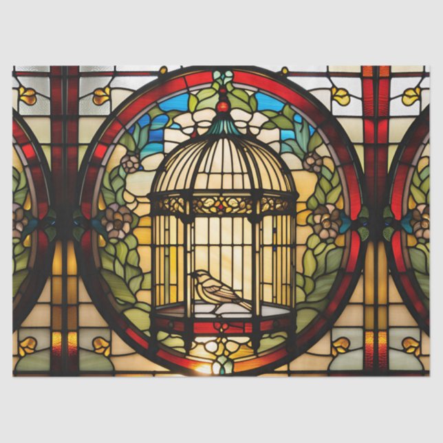Faux Stained Glass Bird Cage with Bird for Decoupa Tissue Paper (Front)