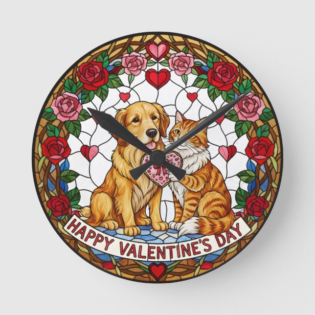 Faux Stained Glass Clock with Dog and Cat (Front)