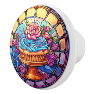 faux stained glass cupcake kitchen  ceramic knob