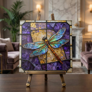 Faux Stained Glass Dragonfly Purple Gold Mosaic Tile