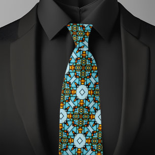 Faux Stained Glass Gold Blue Argyle Net Necktie