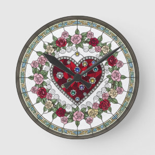 Faux Stained Glass Heart and Floral Wall Clock