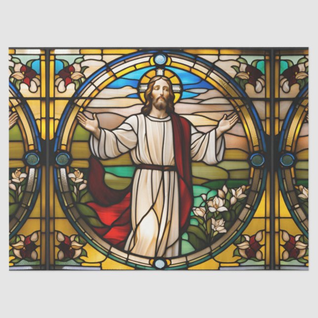 Faux Stained Glass Jesus with Arms Out Decoupage Tissue Paper (Front)