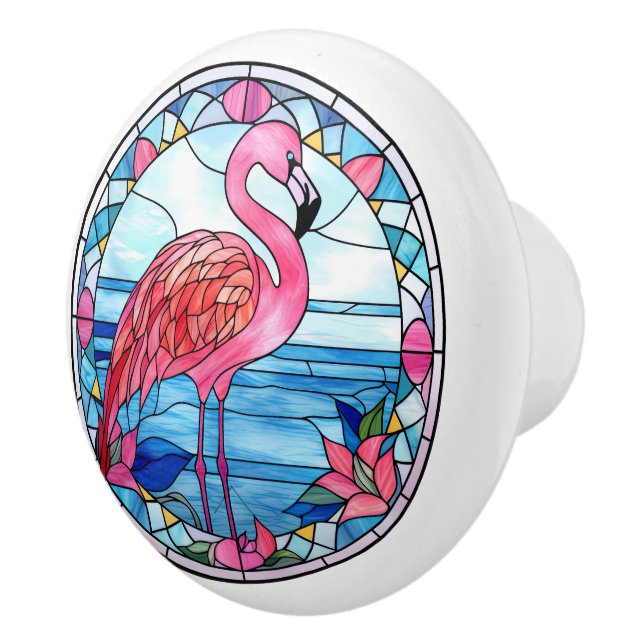 faux stained glass lion Ceramic pink flamingo Knob (Right)
