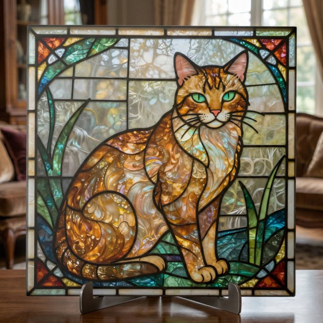 Faux Stained Glass Orange Ginger Tabby Cat Art Tile (Creator Uploaded)