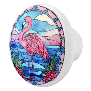 faux stained glass pink flam Ceramic pink flamingo Knob
