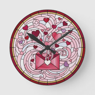 Faux Stained Glass, Romantic Heart Envelope Round Clock