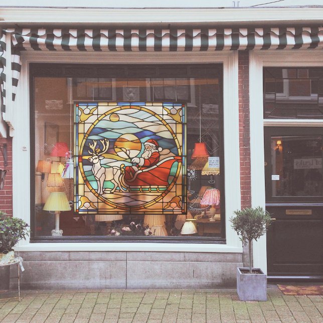 Faux Stained-Glass Santa Claus in Sleigh Waiting Window Cling (Creator Uploaded)
