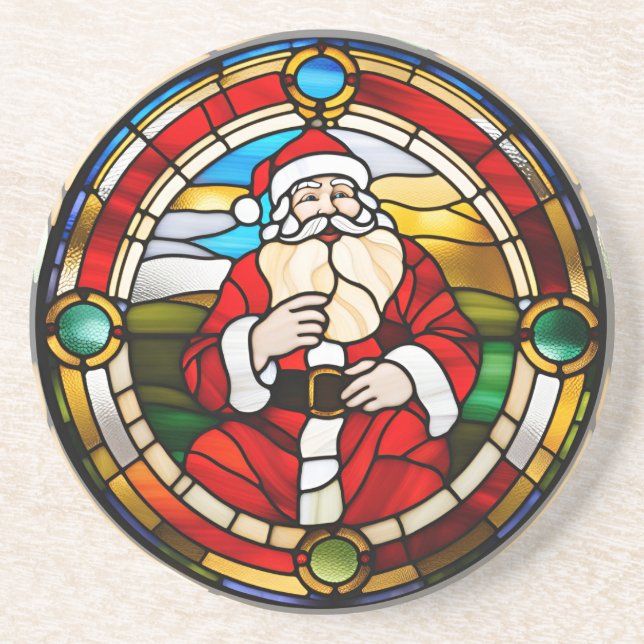 Faux Stained Glass Sitting Santa Sandstone Coaster (Front)