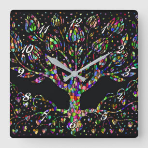 Faux Stained Glass Tree Of Prosperity Square Clock