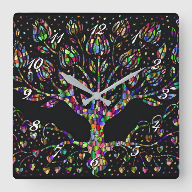 Faux Stained Glass Tree Of Prosperity Square Clock (Front)
