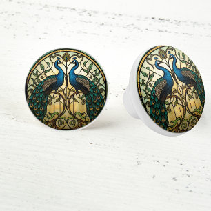 Faux Stained Glass Twin Mirrored Peacocks Ceramic Knob