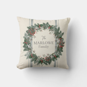 Faux striped Personilsed Christmas Wreath Holiday  Cushion