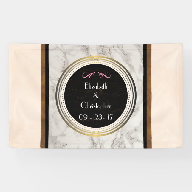 Faux Taupe Marble with Black and Gold Wedding Banner (Horizontal)