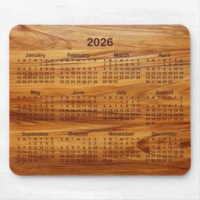 Faux Teak Wood 2026 Calendar Mouse Mat (Front)