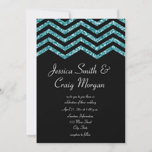 Faux Teal and Black Glitter Chevron Wedding Invitation