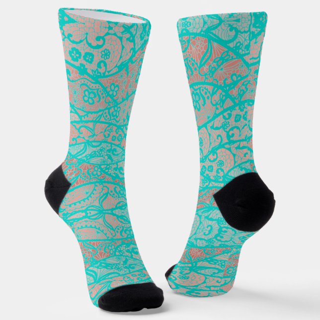 Faux Teal Blue Turquoise Lace Fishnet Socks (Angled)