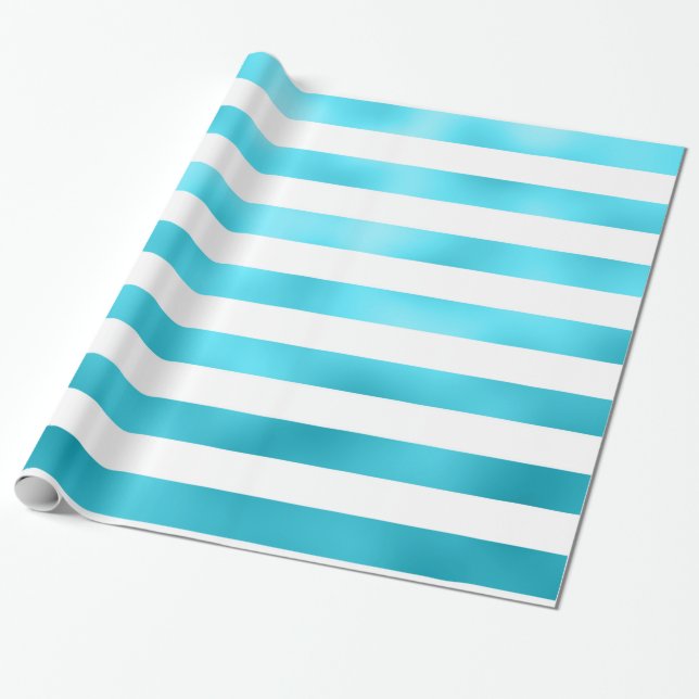 Faux Teal Blue White Horizontal Aqua Stripes Wrapping Paper (Unrolled)