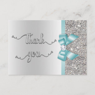 Faux Teal Bow Silver Sequins Thank You Wedding Card