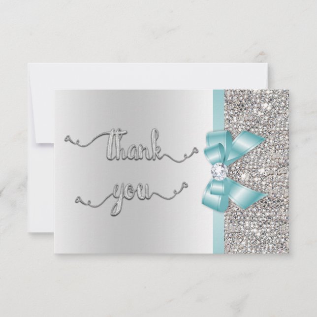 Faux Teal Bow Silver Sequins Thank You Wedding Card (Front)