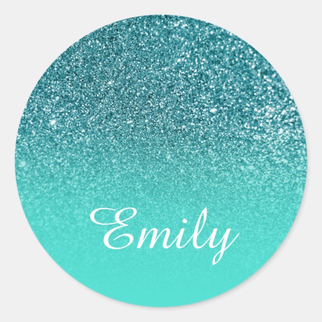Faux Teal Glitter and Classic Turquoise Gradient Classic Round Sticker (Front)