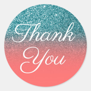 Faux Teal Glitter Coral Ombre Thank You Classic Round Sticker