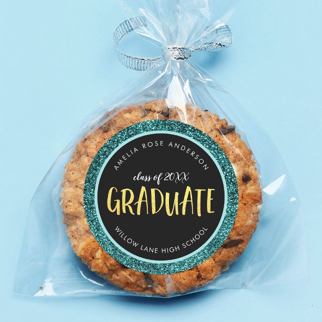 Faux Teal Glitter Graduate Graduation Classic Round Sticker (Creator Uploaded)