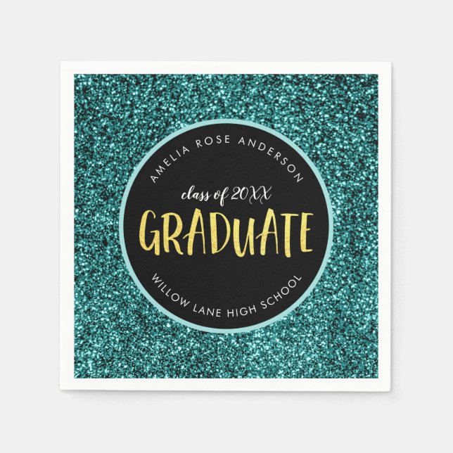 Faux Teal Glitter Graduate Graduation Napkin (Front)
