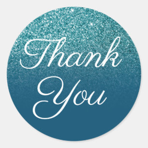 Faux Teal Glitter Ocean Blue Ombre Thank You Classic Round Sticker
