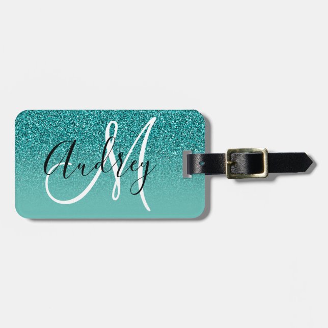 Faux Teal Glitter Ombre Personalised Monogram Luggage Tag (Front Horizontal)