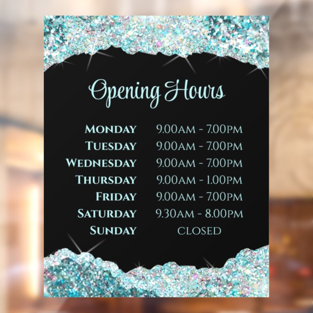 Faux Teal Glitter Opening Hours Window Cling (Sheet 2)