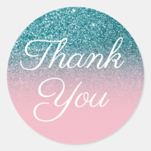 Faux Teal Glitter Pink Ombre Thank You Classic Round Sticker