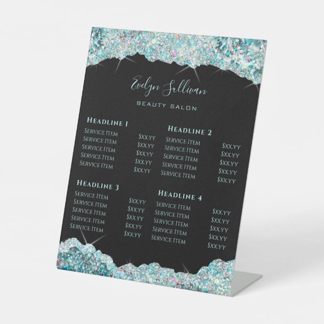Faux Teal Glitter Price List Pedestal Sign (Front)
