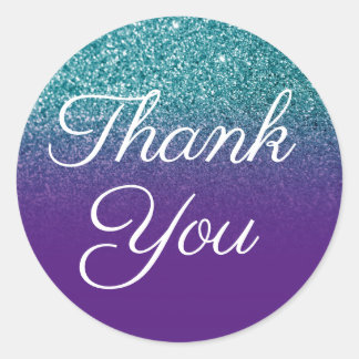 Faux Teal Glitter Royal Purple Ombre Thank You Classic Round Sticker