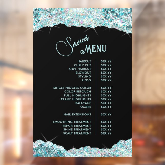 Faux Teal Glitter Services Menu Window Cling (Sheet 2)