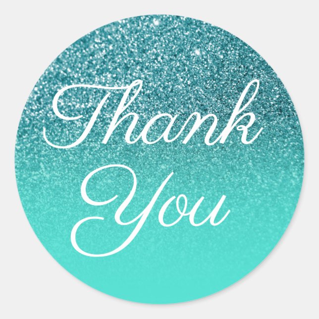 Faux Teal Glitter Turquoise Ombre Thank You Classic Round Sticker (Front)
